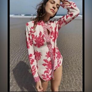 zara red floral botton down shirt